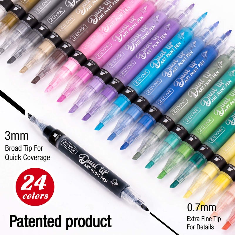 ZEYAR Dual Tip Acrylic Paint Pens 24 Colors, Board and Extra Fine Tips, Patented Product, AP Certified, Waterproof Ink, Works on Rock, Wood, Glass, Metal, Ceramic and More (24 Colors) - Image 3
